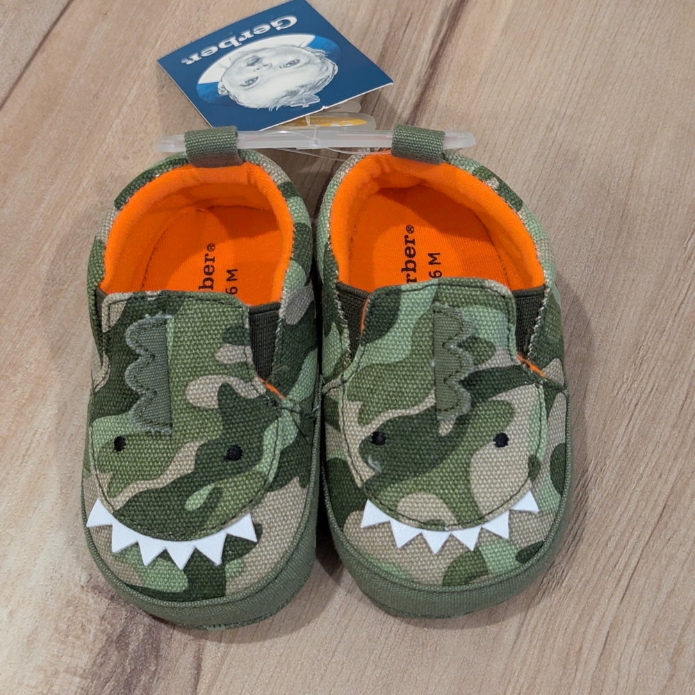 Gerber Camouflage Dinosaur Slippers - Green & Orange, Size 3-6 Months NWT